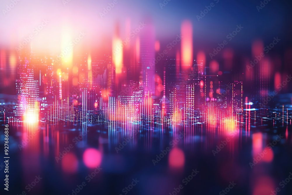 Poster a vibrant digital cityscape with colorful lights and abstract forms, creating a futuristic and energ