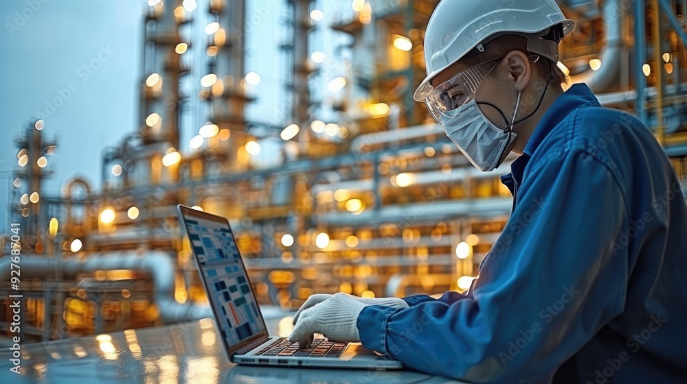 Poster Worker in protective gear analyzing data on a laptop, modern refinery in the background, technological advancement in industry. Generative AI.