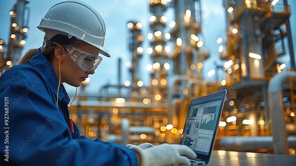 Aufkleber worker in protective gear analyzing data on a laptop, modern refinery in the background, technologic