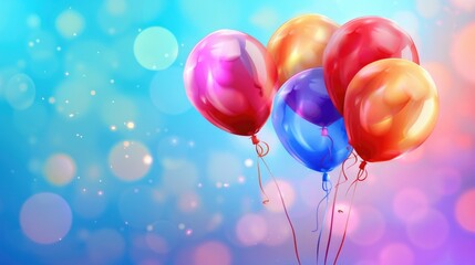 Colorful realistic helium balloons on blurred background for events Vibrant pastel illustration