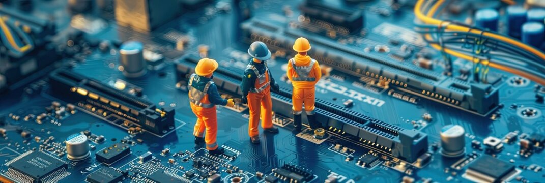 construction workers standing on motherboard