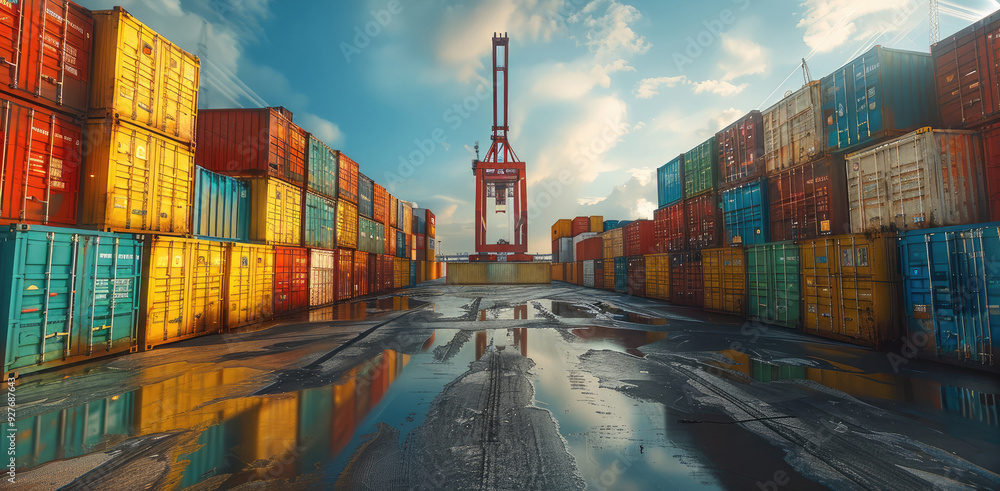 Poster a construction lot with shipping containers stacked and a crane setting one down on top of the other