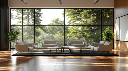 Modern meeting room with comfortable furniture, wooden floor, and plenty of natural light. Created using 3D rendering technology. --ar 16:9 --v 6.1 Job ID: 396426a8-fa7f-4583-87b5-558db6ad14ee