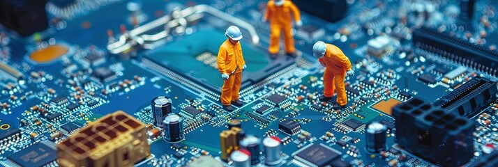 construction workers standing on motherboard