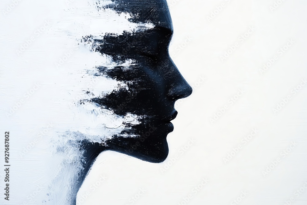 Poster Abstract art showcasing the silhouette of a face blending into a textured background, symbolizing transformation and identity.