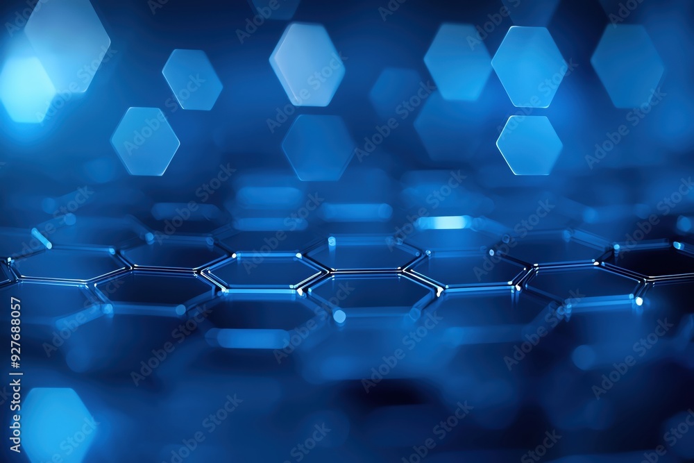 Poster abstract blue background featuring hexagonal patterns and shapes, ideal for technology, innovation, 