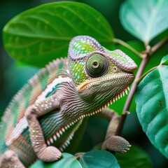 Obraz premium Camouflaged Chameleon blending into Lush Green Leaves in Madagascar Rainforest