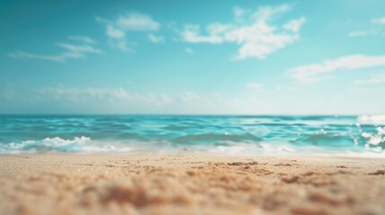 Obraz premium Concept of summer vacation background with sandy beach and blue sky in blur