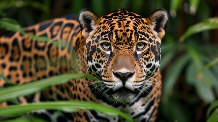 Obraz premium Stealthy Jaguar Hunting in Lush Amazon Rainforest