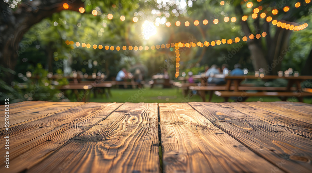 Poster summer time in backyard garden, empty wooden table with party in garden background blurred. generati