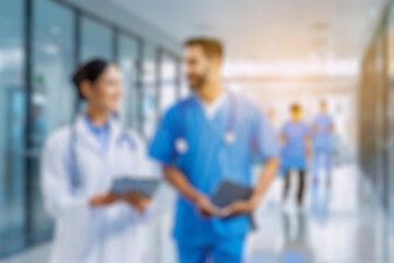 blurred for background. blurred figures of doctors and nurses in a hospital corridor. Doctors and...