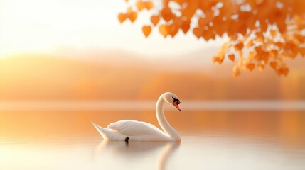 Fototapeta premium Majestic Swan Gliding on Tranquil Lake at Peach-Colored Sunset - Serene Wildlife 3D Render