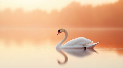 Fototapeta premium Serene Swan Gliding on Tranquil Lake at Peach Sunset - 3D Render of Elegant White Bird in Nature