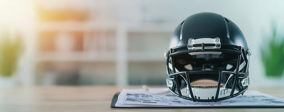 Helmet on a coach s desk with a tactical playbook, flat design, front view, game analysis, animation, Split-complementary color scheme