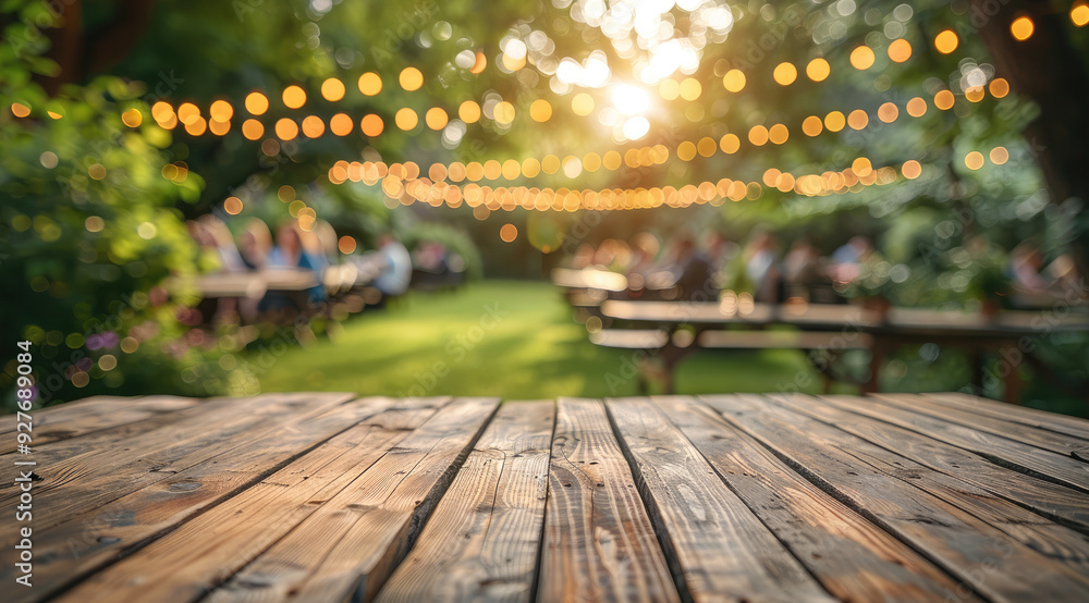 Poster summer time in backyard garden, empty wooden table with party in garden background blurred. generati