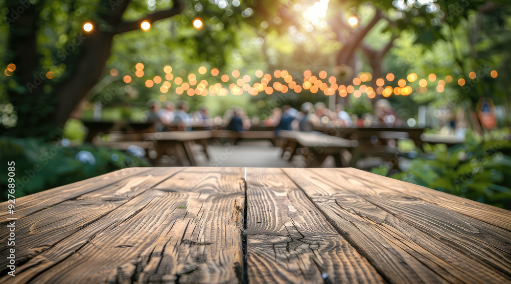 Poster summer time in backyard garden, empty wooden table with party in garden background blurred. generati