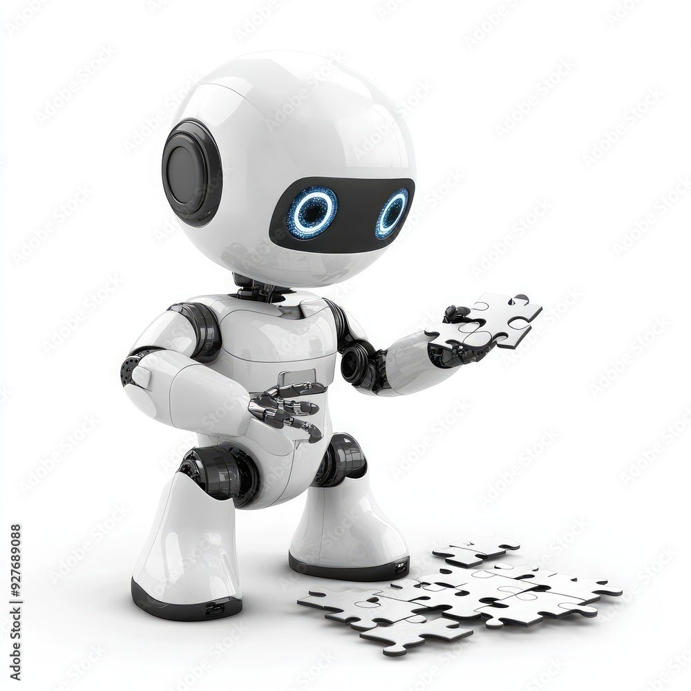 Aufkleber a 3d search engine robot piecing together a digital puzzle, symbolizing the assembly of search resul