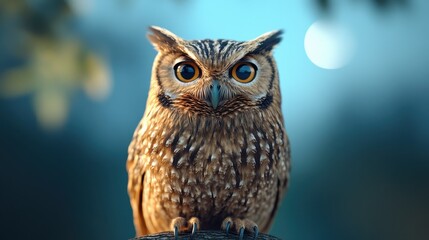 Obraz premium Enchanting Brown Owl Perched on Tree Branch in Moonlit Blue Night Sky - 3D Render