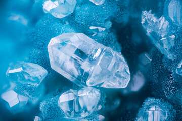 Cerussite white crystals on blue hemimorphite. Specimen from congo. Micro photography extreme close-up. microscope mineral crystal photography for Scientific use.
