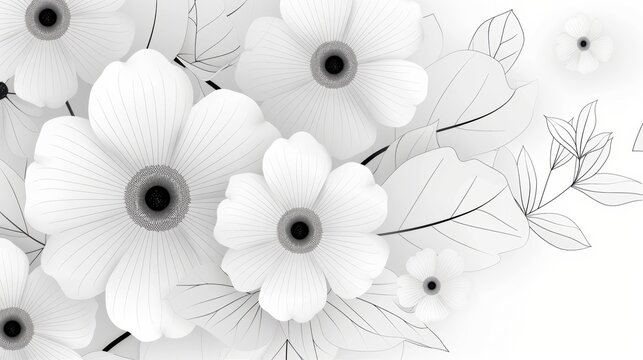 A serene depiction of flower fields and gardens rendered in black and white, featuring floral designs with crisp lines and clean outlines. This image is ideal for coloring books, offering a very easy