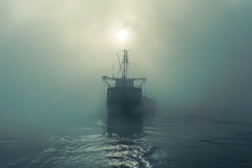 Naklejka premium A solitary ship emerges from the fog on a serene lake, evoking a sense of calm and intrigue in the misty surroundings, A ship emerging from the foggy harbor, AI generated