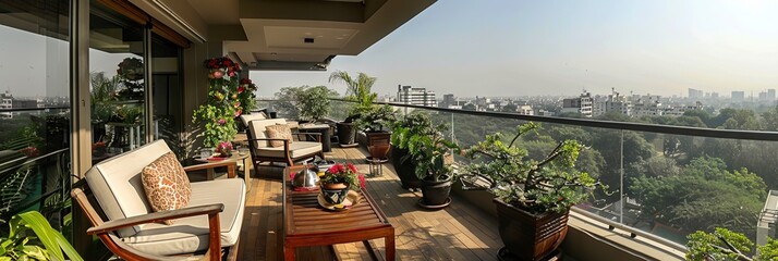 balcony, patio furniture, plants, overlooking delhi