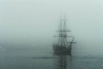 Fototapeta premium A ship is partially obscured by fog as it glides across a still lake, enhancing the scene's ethereal and tranquil quality, A ship emerging from the foggy harbor, AI generated