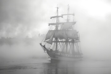 Fototapeta premium A fog-covered lake features a ship, shrouded in mist, symbolizing adventure and the unknown in a serene environment, A ship emerging from the foggy harbor, AI generated