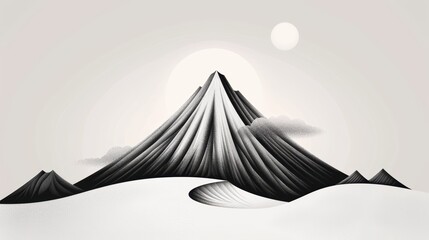An expansive mountain vista captured in a minimalist black and white style, featuring clean outlines and crisp lines ideal for easy coloring.