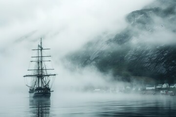 Fototapeta premium A fog-covered lake features a ship, shrouded in mist, symbolizing adventure and the unknown in a serene environment, A ship emerging from the foggy harbor, AI generated