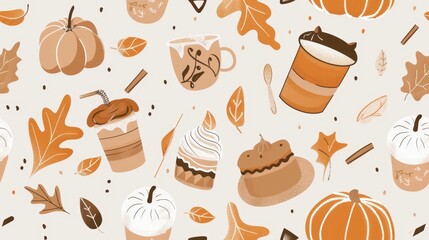 Seamless pattern of autumn desserts and leaves on a beige background. Ideal for fall, festive, and Thanksgiving designs.
