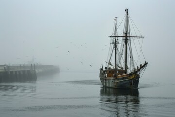 Obraz premium A ship emerging from the foggy harbor, AI generated
