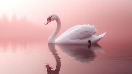 Fototapeta premium Graceful White Swan Serenity in Pastel Pink Waters - 3D Render
