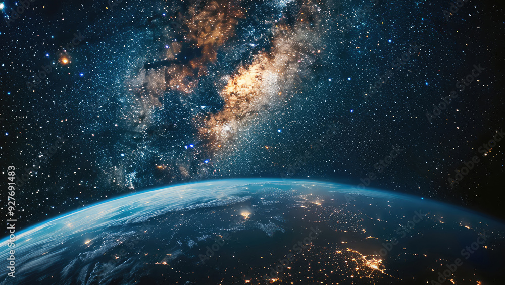 Poster planet earth view from space, in the background the milky way and many stars, dark background. gener
