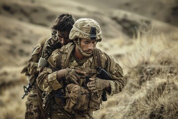 Fototapeta premium Two soldiers assist a wounded comrade, carrying him through a rugged field, showcasing bravery and teamwork in combat, A soldier carrying a wounded civilian to safety, AI generated