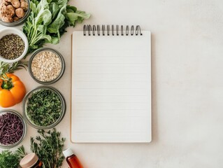 A minimalist dining setup with organic produce, herbal remedies, and a wellness planner, representing holistic health through diet