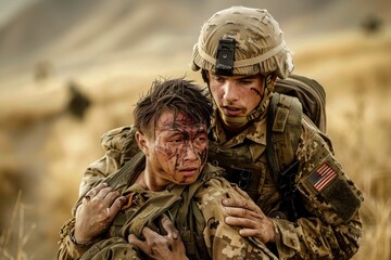 Fototapeta premium Two soldiers assist a wounded comrade, carrying him through a rugged field, showcasing bravery and teamwork in combat, A soldier carrying a wounded civilian to safety, AI generated