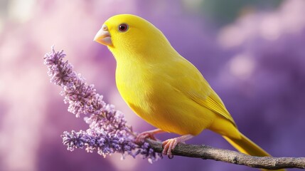 Vibrant Canary on Branch with Lavender Background - 3D Render of Yellow Bird in Purple Setting