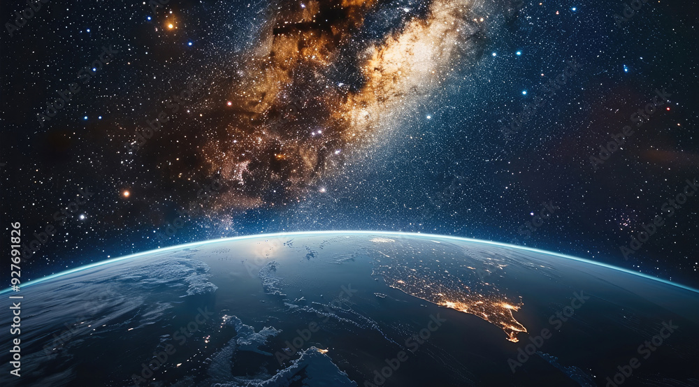 Poster planet earth view from space, in the background the milky way and many stars, dark background. gener