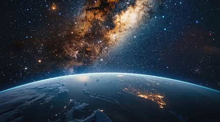 Planet earth view from space, in the background the Milky Way and many stars, dark background. Generative AI.