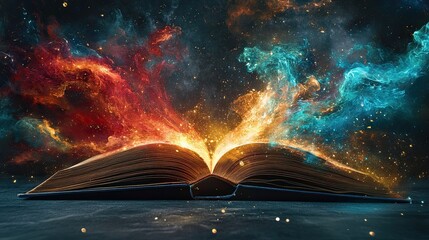 A book is open to a page with a colorful, starry background