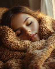 a peaceful scene of a woman sleeping, wrapped in a soft, warm blanket with golden light gently illuminating her face, creating a cozy and serene atmosphere