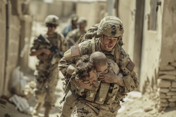 Fototapeta premium Soldiers transport a wounded comrade across a field, illustrating the dedication and resilience of military personnel in action, A soldier carrying a wounded civilian to safety, AI generated