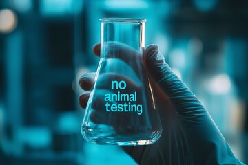 Scientist holding a laboratory flask with "No Animal Testing" message, symbolizing the end of animal testing practices, blue-toned lab background, focus on the flask, selective focus, copy space

