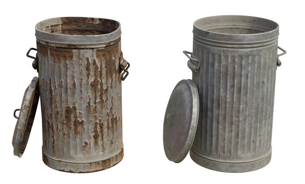 set of metal trash can isolated cut out background