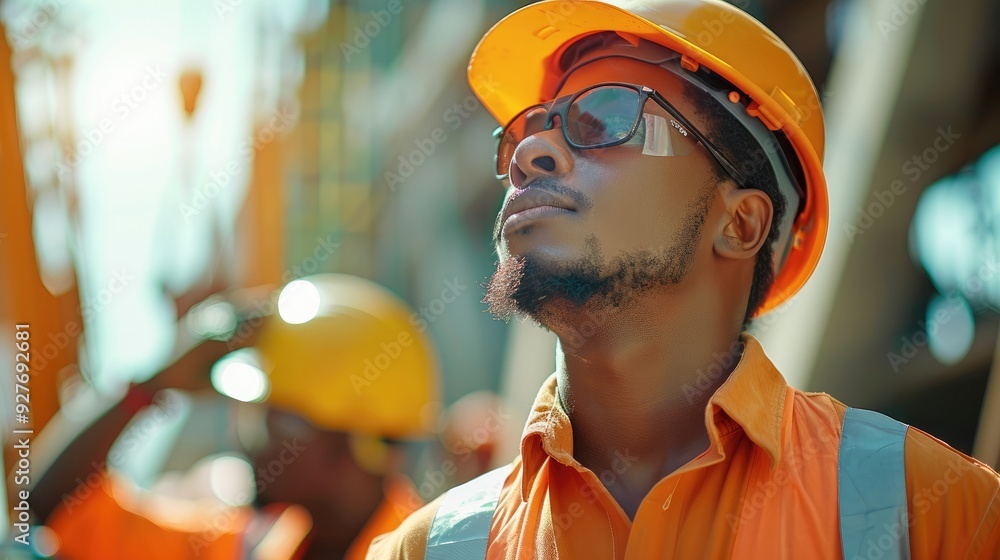 Poster an empowering portrait of many highway construction worker. generative ai.