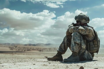 Fototapeta premium A soldier rests on the sandy ground of a desert, surrounded by vast stretches of arid landscape under a clear sky, A soldier sitting alone, looking exhausted and contemplative, AI generated