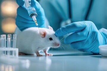 Scientist preparing to inject a white lab mouse, representing animal testing practices, close-up, blue gloves, sterile laboratory environment, focus on the mouse, selective focus

