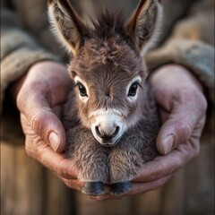 Fototapeta premium cute little baby donkey in a farmers hands