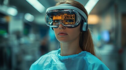 Medical professional using augmented reality glasses to view patient vitals during surgery, futuristic operating room, [AR in healthcare, real-time monitoring].